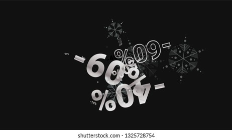Percent Sings on Dark Background. Black Poster with Silver Percent Sings and Snowflakes. Vector Discount Sale Background.