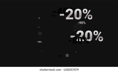 Percent Sings on Dark Background. Black Poster with Silver Percent Sings and Snowflakes. Vector Discount Sale Background.