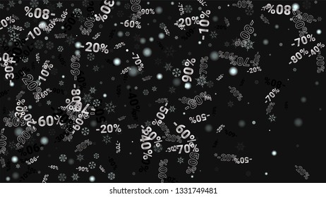 Percent Sings on Dark Background. Black Poster with Silver Percent Sings and Snowflakes. Vector Discount Sale Background.