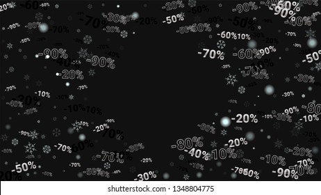 Percent Sings on Dark Background. Black Poster with Silver Percent Sings and Snowflakes. Vector Discount Sale Background.