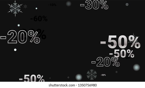 Percent Sings on Dark Background. Black Poster with Silver Percent Sings and Snowflakes. Vector Discount Sale Background.