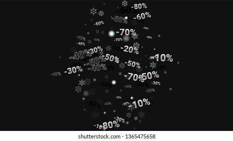 Percent Sings on Dark Background. Black Poster with Silver Percent Sings and Snowflakes. Vector Discount Sale Background.