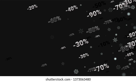 Percent Sings on Dark Background. Black Poster with Silver Percent Sings and Snowflakes. Vector Discount Sale Background.