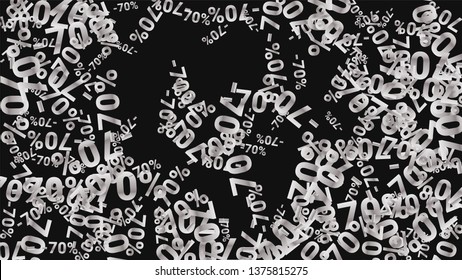 Percent Sings on Dark Background. Black Poster with Silver Percent Sings and Snowflakes. Vector Discount Sale Background.