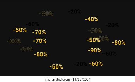Percent Sings on Dark Background. Black Poster with Silver Percent Sings and Snowflakes. Vector Discount Sale Background.