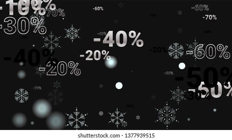 Percent Sings on Dark Background. Black Poster with Silver Percent Sings and Snowflakes. Vector Discount Sale Background.