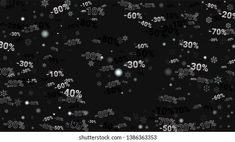 Percent Sings on Dark Background. Black Poster with Silver Percent Sings and Snowflakes. Vector Discount Sale Background.