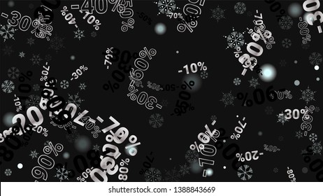 Percent Sings on Dark Background. Black Poster with Silver Percent Sings and Snowflakes. Vector Discount Sale Background.