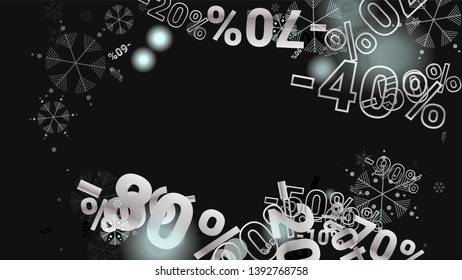 Percent Sings on Dark Background. Black Poster with Silver Percent Sings and Snowflakes. Vector Discount Sale Background.
