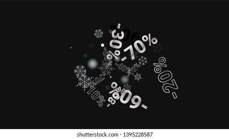 Percent Sings on Dark Background. Black Poster with Silver Percent Sings and Snowflakes. Vector Discount Sale Background.
