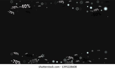 Percent Sings on Dark Background. Black Poster with Silver Percent Sings and Snowflakes. Vector Discount Sale Background.