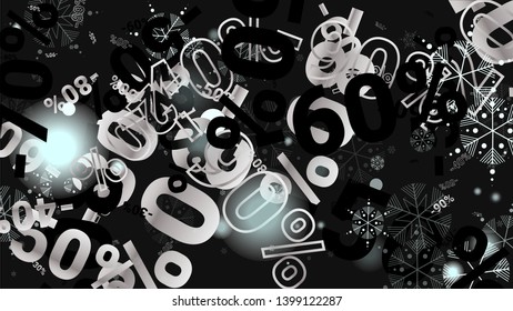 Percent Sings on Dark Background. Black Poster with Silver Percent Sings and Snowflakes. Vector Discount Sale Background.