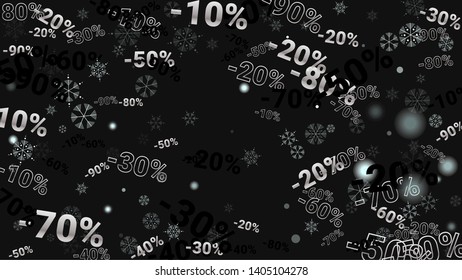 Percent Sings on Dark Background. Black Poster with Silver Percent Sings and Snowflakes. Vector Discount Sale Background.