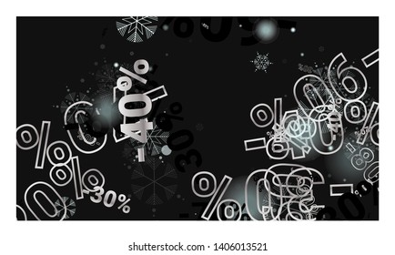 Percent Sings on Dark Background. Black Poster with Silver Percent Sings and Snowflakes. Vector Discount Sale Background.