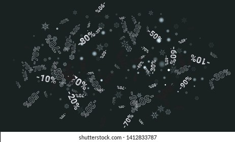 Percent Sings on Dark Background. Black Poster with Silver Percent Sings and Snowflakes. Vector Discount Sale Background.