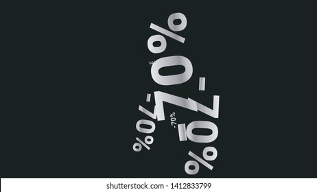 Percent Sings on Dark Background. Black Poster with Silver Percent Sings and Snowflakes. Vector Discount Sale Background.