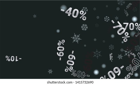 Percent Sings on Dark Background. Black Poster with Silver Percent Sings and Snowflakes. Vector Discount Sale Background.