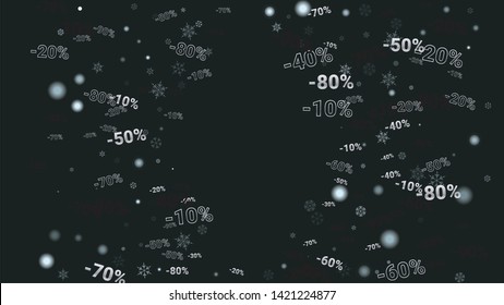 Percent Sings on Dark Background. Black Poster with Silver Percent Sings and Snowflakes. Vector Discount Sale Background.