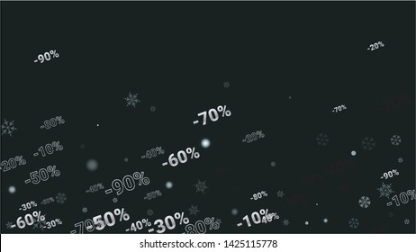 Percent Sings on Dark Background. Black Poster with Silver Percent Sings and Snowflakes. Vector Discount Sale Background.