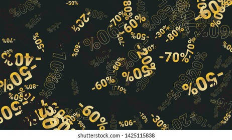 Percent Sings on Dark Background. Black Poster with Silver Percent Sings and Snowflakes. Vector Discount Sale Background.