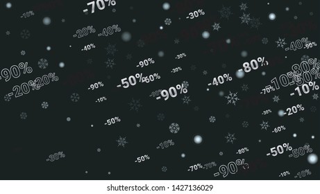 Percent Sings on Dark Background. Black Poster with Silver Percent Sings and Snowflakes. Vector Discount Sale Background.
