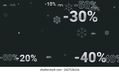 Percent Sings on Dark Background. Black Poster with Silver Percent Sings and Snowflakes. Vector Discount Sale Background.