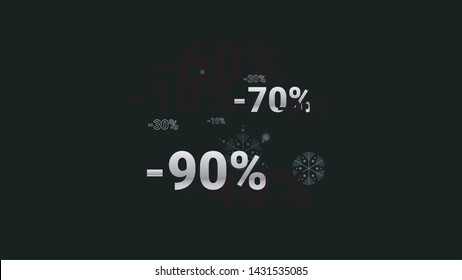 Percent Sings on Dark Background. Black Poster with Silver Percent Sings and Snowflakes. Vector Discount Sale Background.