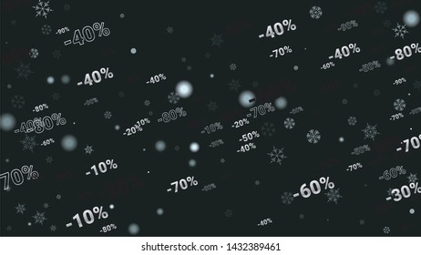 Percent Sings on Dark Background. Black Poster with Silver Percent Sings and Snowflakes. Vector Discount Sale Background.