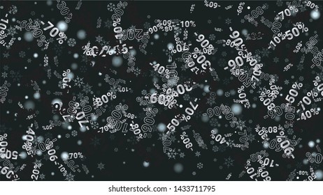 Percent Sings on Dark Background. Black Poster with Silver Percent Sings and Snowflakes. Vector Discount Sale Background.