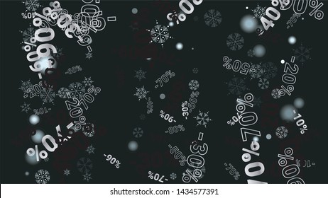 Percent Sings on Dark Background. Black Poster with Silver Percent Sings and Snowflakes. Vector Discount Sale Background.