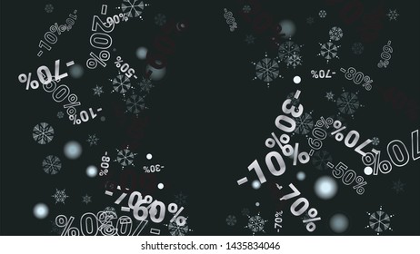 Percent Sings on Dark Background. Black Poster with Silver Percent Sings and Snowflakes. Vector Discount Sale Background.