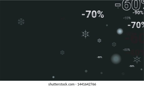 Percent Sings on Dark Background. Black Poster with Silver Percent Sings and Snowflakes. Vector Discount Sale Background.
