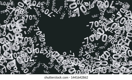 Percent Sings on Dark Background. Black Poster with Silver Percent Sings and Snowflakes. Vector Discount Sale Background.