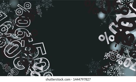 Percent Sings on Dark Background. Black Poster with Silver Percent Sings and Snowflakes. Vector Discount Sale Background.