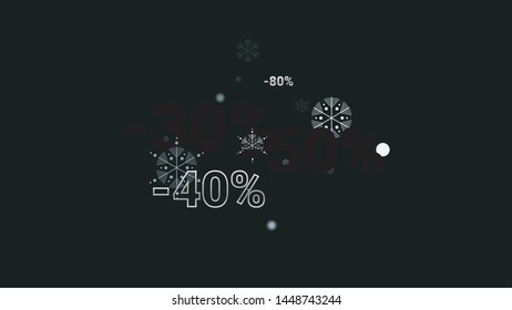 Percent Sings on Dark Background. Black Poster with Silver Percent Sings and Snowflakes. Vector Discount Sale Background.