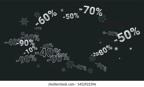 Percent Sings on Dark Background. Black Poster with Silver Percent Sings and Snowflakes. Vector Discount Sale Background.