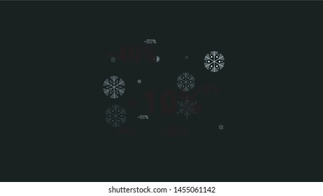 Percent Sings on Dark Background. Black Poster with Silver Percent Sings and Snowflakes. Vector Discount Sale Background.