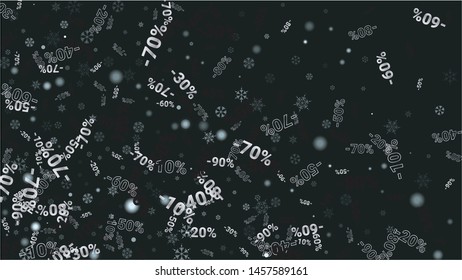 Percent Sings on Dark Background. Black Poster with Silver Percent Sings and Snowflakes. Vector Discount Sale Background.