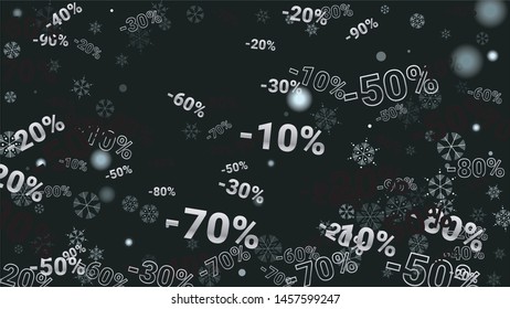 Percent Sings on Dark Background. Black Poster with Silver Percent Sings and Snowflakes. Vector Discount Sale Background.