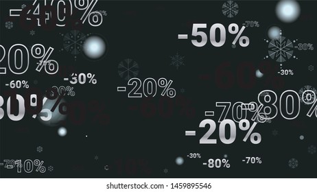 Percent Sings on Dark Background. Black Poster with Silver Percent Sings and Snowflakes. Vector Discount Sale Background.
