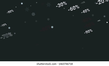 Percent Sings on Dark Background. Black Poster with Silver Percent Sings and Snowflakes. Vector Discount Sale Background.