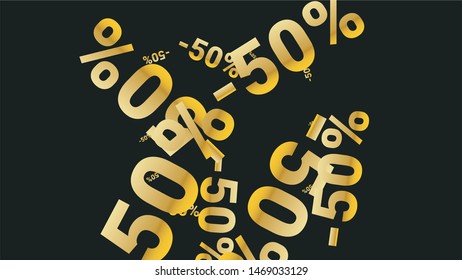 Percent Sings on Dark Background. Black Poster with Silver Percent Sings and Snowflakes. Vector Discount Sale Background.