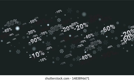 Percent Sings on Dark Background. Black Poster with Silver Percent Sings and Snowflakes. Vector Discount Sale Background.