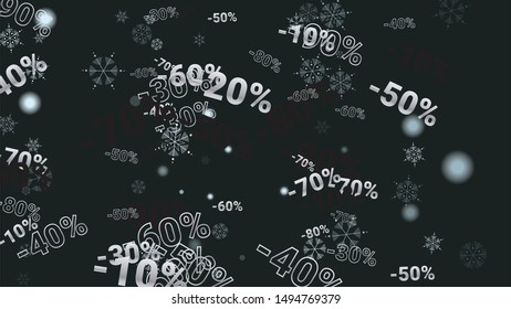 Percent Sings on Dark Background. Black Poster with Silver Percent Sings and Snowflakes. Vector Discount Sale Background.