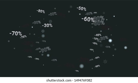 Percent Sings on Dark Background. Black Poster with Silver Percent Sings and Snowflakes. Vector Discount Sale Background.