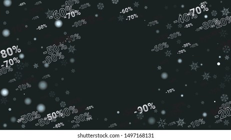 Percent Sings on Dark Background. Black Poster with Silver Percent Sings and Snowflakes. Vector Discount Sale Background.