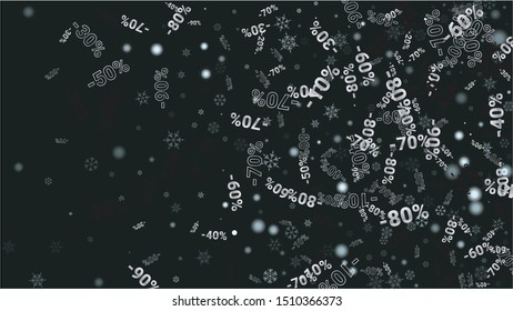 Percent Sings on Dark Background. Black Poster with Silver Percent Sings and Snowflakes. Vector Discount Sale Background.