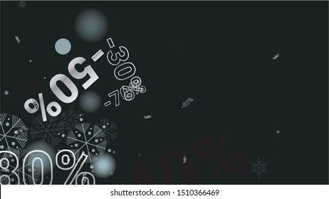 Percent Sings on Dark Background. Black Poster with Silver Percent Sings and Snowflakes. Vector Discount Sale Background.