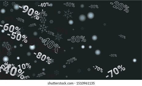 Percent Sings on Dark Background. Black Poster with Silver Percent Sings and Snowflakes. Vector Discount Sale Background.