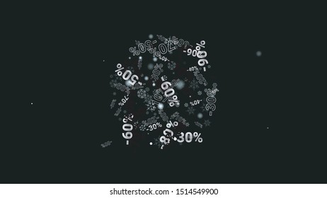 Percent Sings on Dark Background. Black Poster with Silver Percent Sings and Snowflakes. Vector Discount Sale Background.